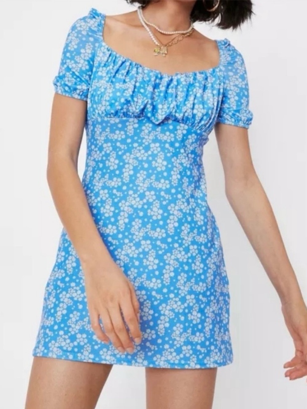 Nasty Gal Blue Daisy-Print Square Neck Mini Dress